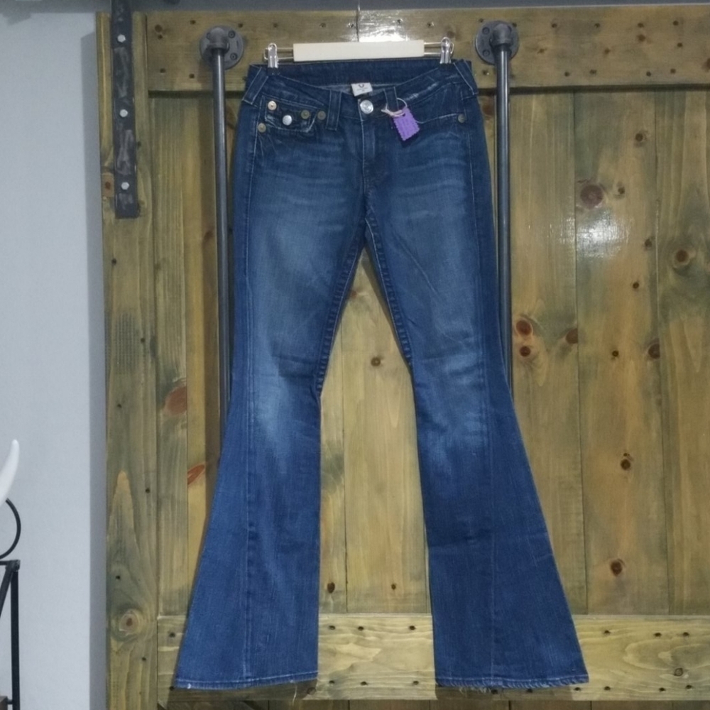 RETRO VINTAGE TRUE RELIGION WIDE LEG FLARE JEANS 90s Y2K Throwback Boho Bell